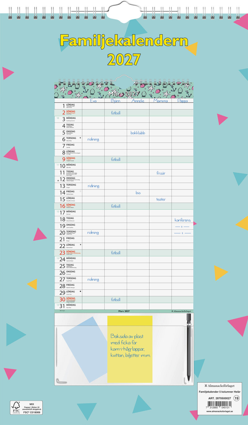 Väggkalender - Familjekalender 5 kolumner Helår FSC