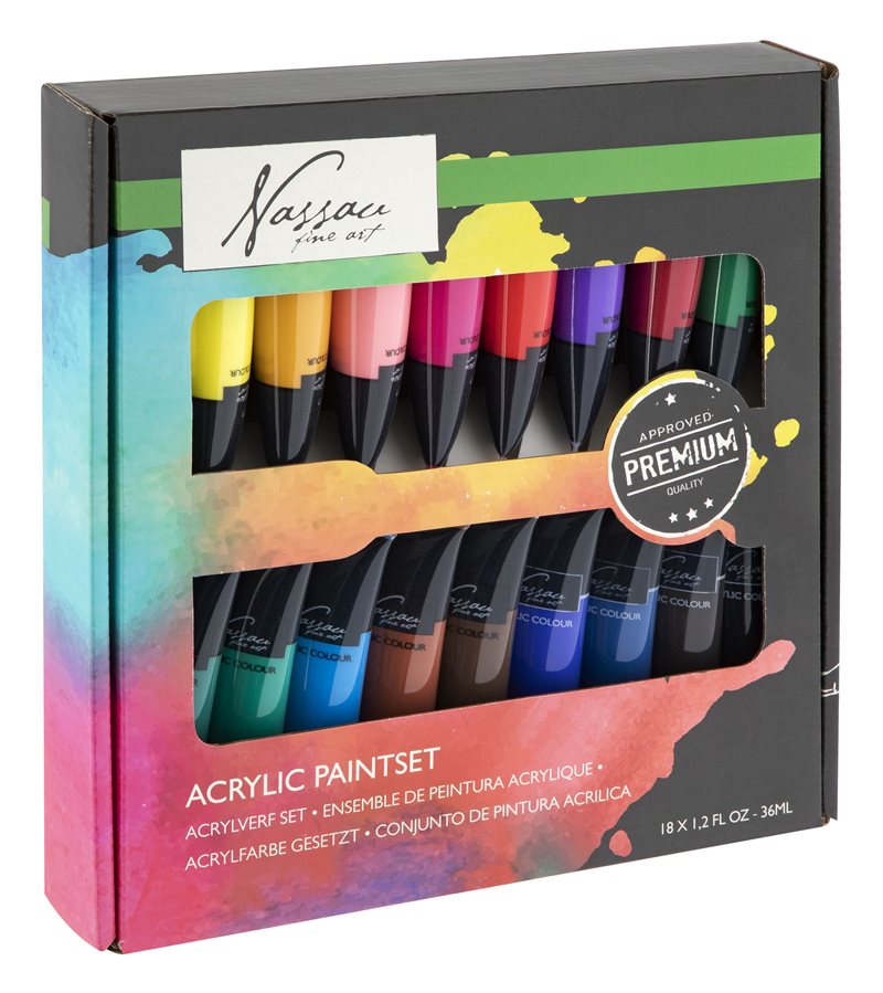Akrylfärg i låda : 18 färger x 36 ml